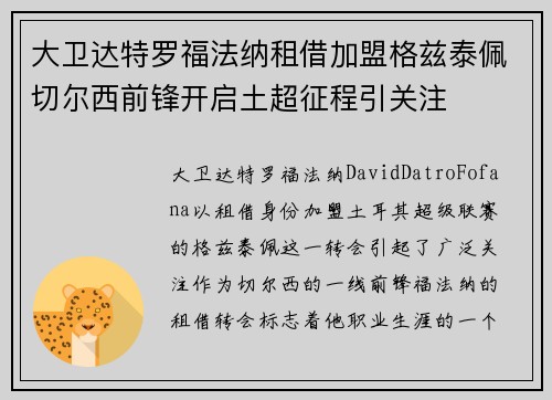 大卫达特罗福法纳租借加盟格兹泰佩切尔西前锋开启土超征程引关注