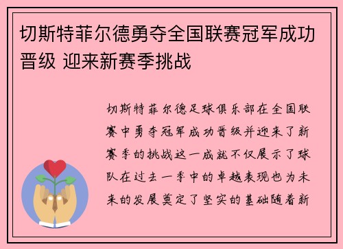 切斯特菲尔德勇夺全国联赛冠军成功晋级 迎来新赛季挑战 切斯特菲尔德勇夺全国联赛冠军成功晋级 迎来新赛季挑战