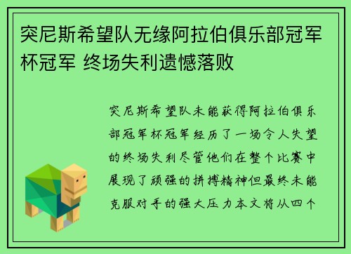 突尼斯希望队无缘阿拉伯俱乐部冠军杯冠军 终场失利遗憾落败